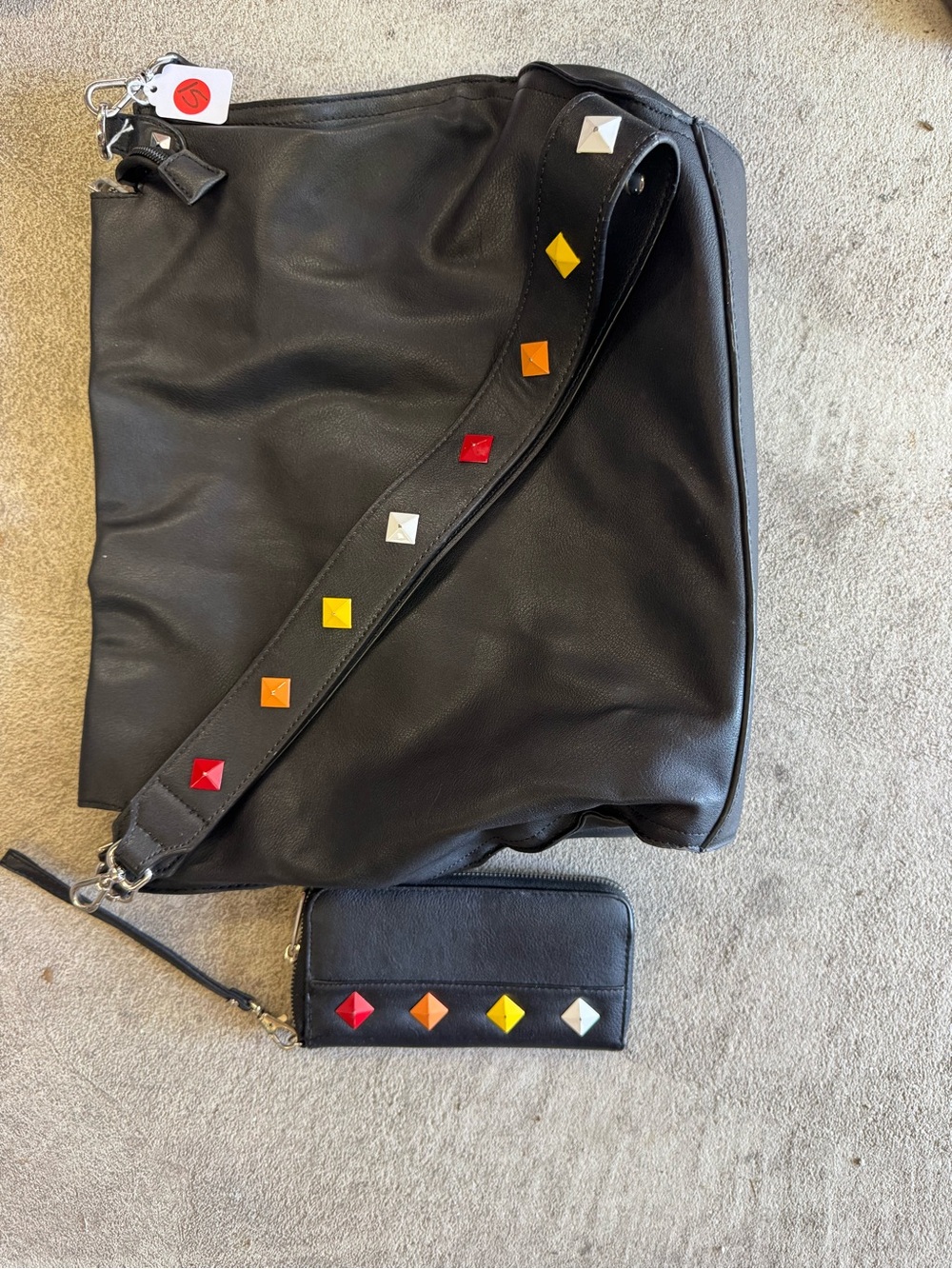 Black Leather Tote with Colorful Stud Strap